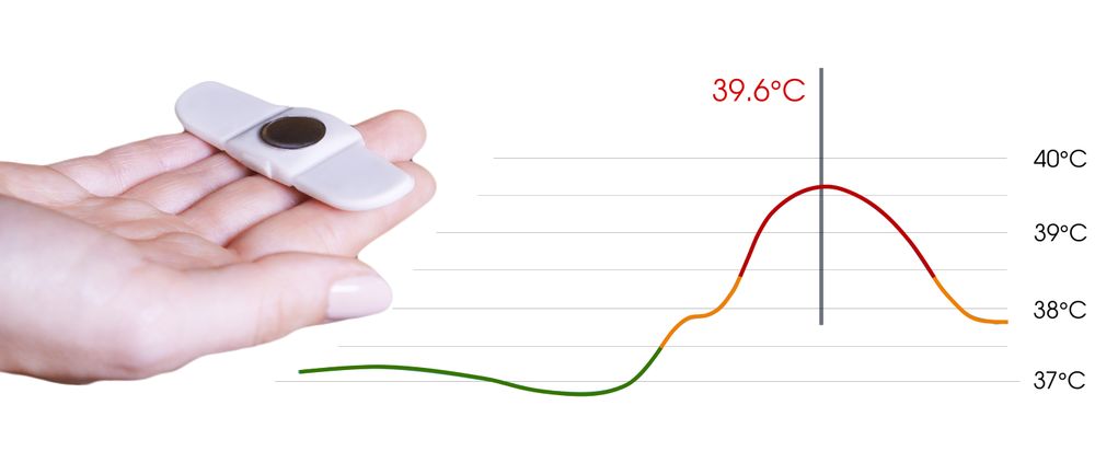 Thermomètre Tucky dans la main et courbe de fièvre - Tucky thermometer in the hand and fever curve - Termómetro en la mano y curva de fiebre