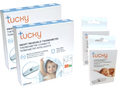 family pack deux thermomètres patch connectés Tucky deux boîtes de recharges de quinze adhésifs - Family Pack two Tucky connected patch thermometers two refill boxes of fifteen adhesives - Family Pack dos termómetros de parche conectados Tucky dos cajas de recambio de quince adhesivos